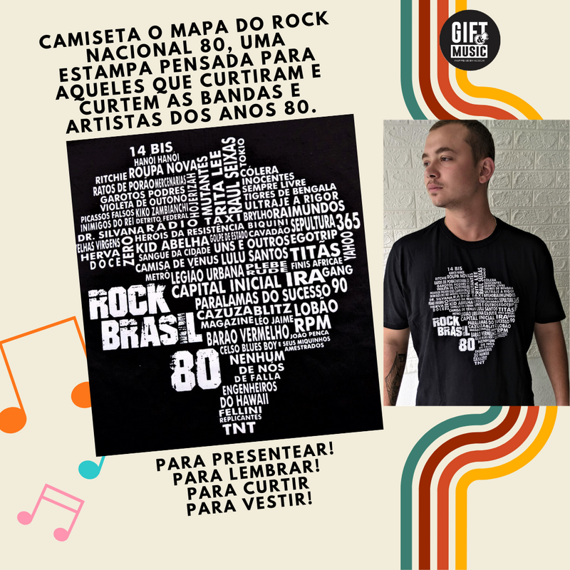 Camisa rock 80 -Estampa exclusiva mapa do rock Brasil anos 80 EDIÇÃO LIMITADA