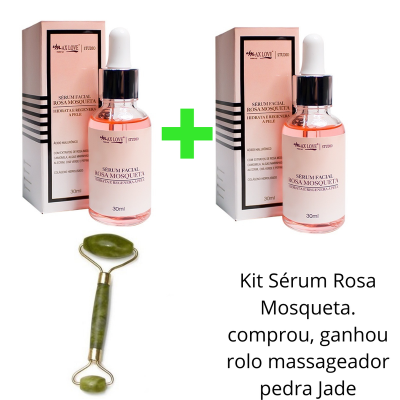 Kit Sérum Facial - 2 Frascos Rosa Mosqueta Max Love + 1 Rolinho de Pedra De Jade, Massageador Facial - Frete Grátis